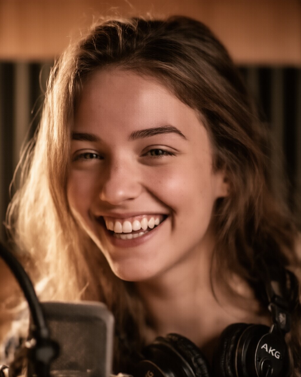 Tara at a podcast microphone, mid-laugh